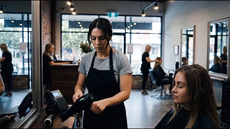 A stylist serving a seated salon client beside a lit reception phone.