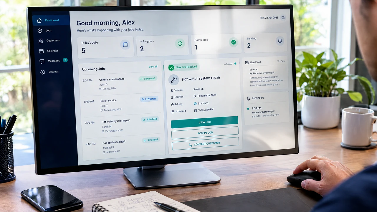 A business owner viewing an enquiry and task management dashboard on a desktop monitor.