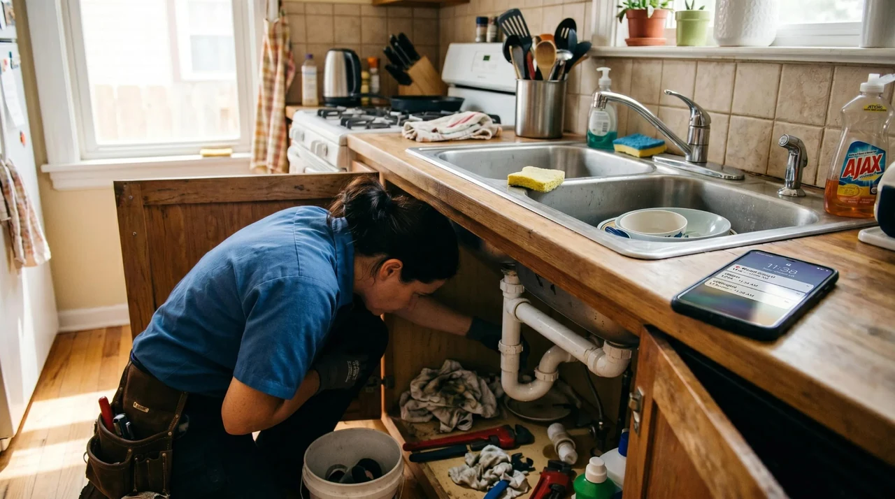 A female plumber working beneath a kitchen sink beside a tablet displaying a customer enquiry.