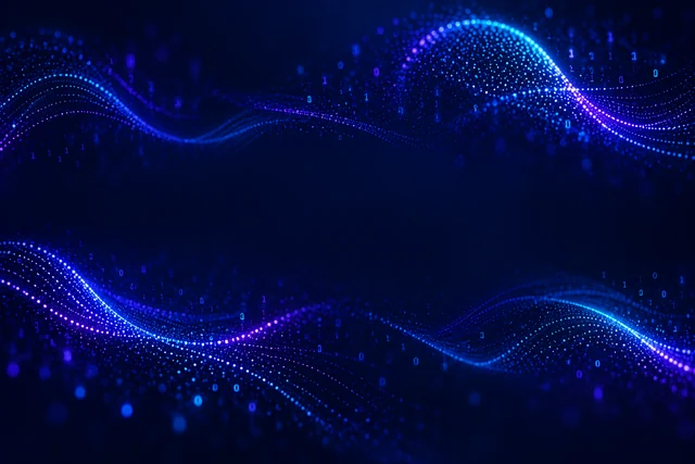 Subtle digital dots, flowing waves and faint matrix numbers over a navy and indigo gradient.
